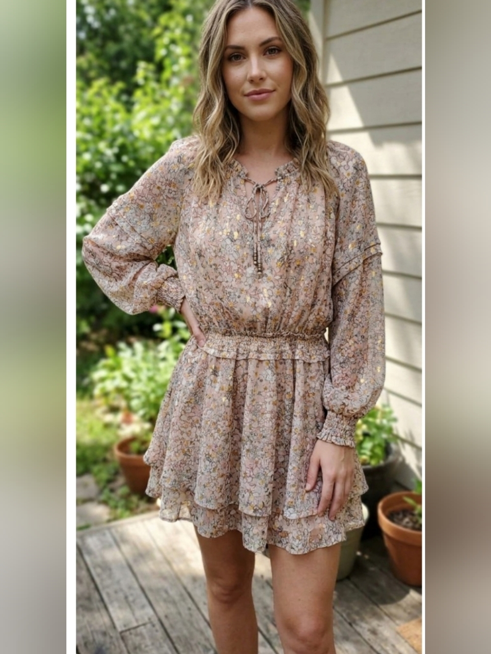 Fate Floral Long-Sleeve Beige and Yellow Mini Dress